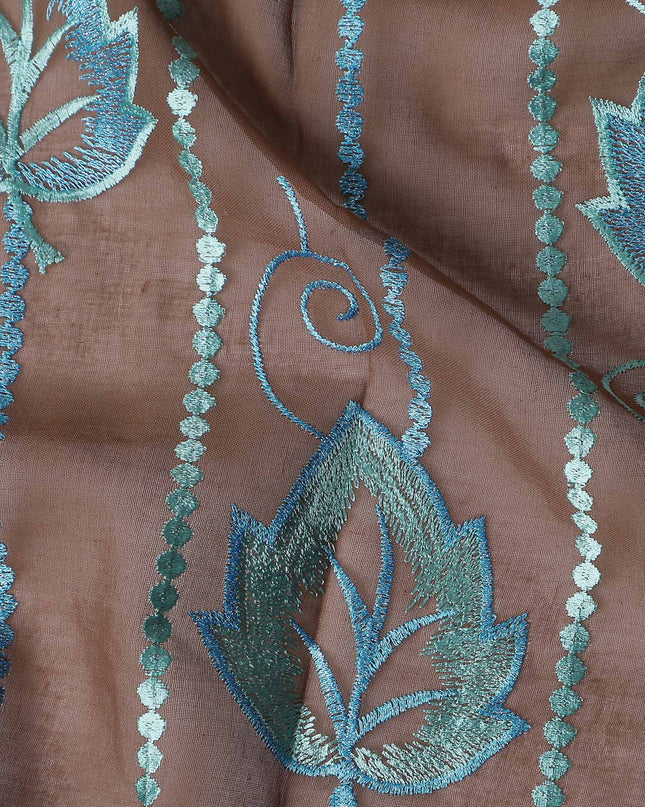 Brown Teal Leaf Embroidery Voile Thobe 4.5m