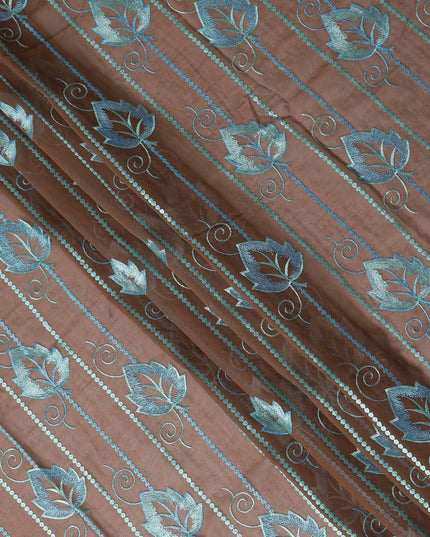 Brown Teal Leaf Embroidery Voile Thobe 4.5m