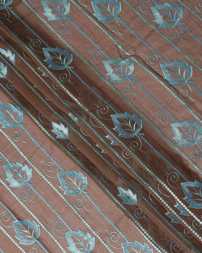 Brown Teal Leaf Embroidery Voile Thobe 4.5m