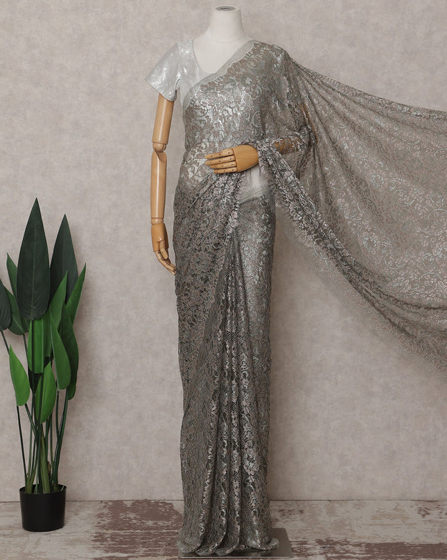 Pewter Grey French Chantilly Lace Saree Piece