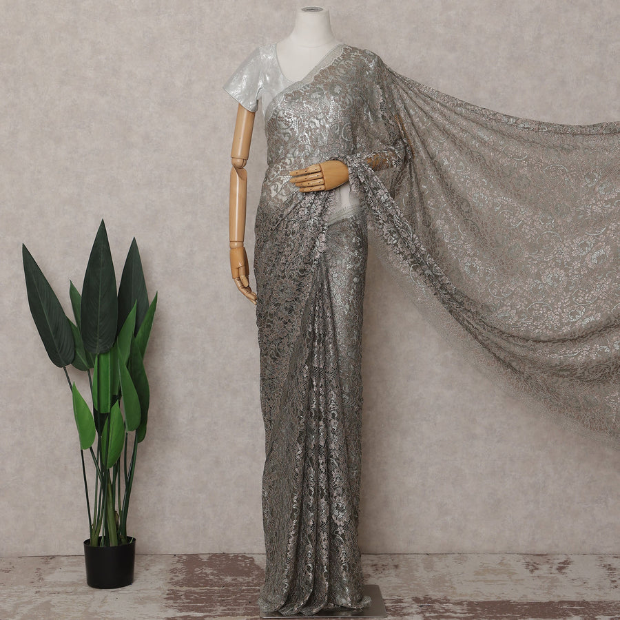 Pewter Grey French Chantilly Lace Saree Piece
