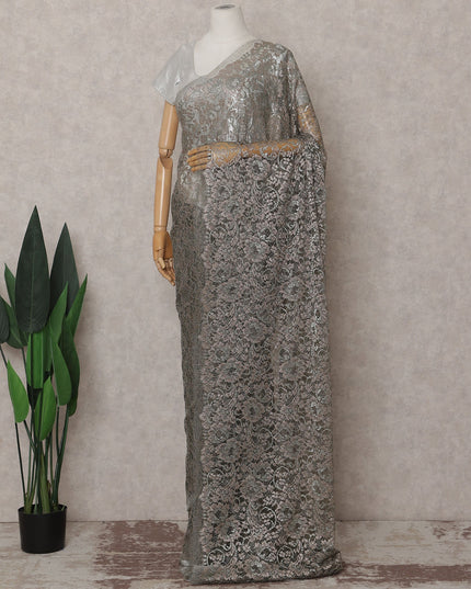 Pewter Grey French Chantilly Lace Saree Piece