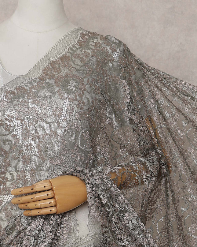 Pewter Grey French Chantilly Lace Saree Piece