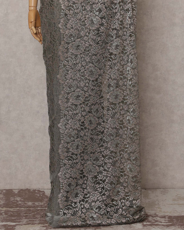 Pewter Grey French Chantilly Lace Saree Piece