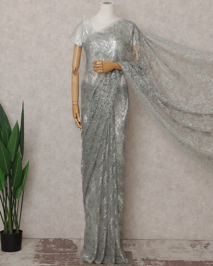 Silver Grey French Chantilly Lace Saree 5.5m
