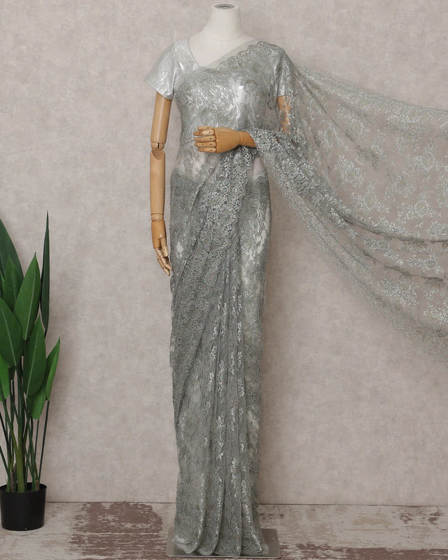 Silver Grey French Chantilly Lace Saree 5.5m