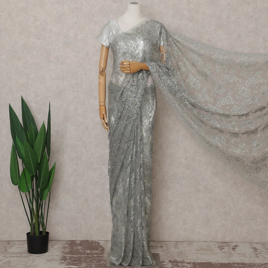 Silver Grey French Chantilly Lace Saree 5.5m