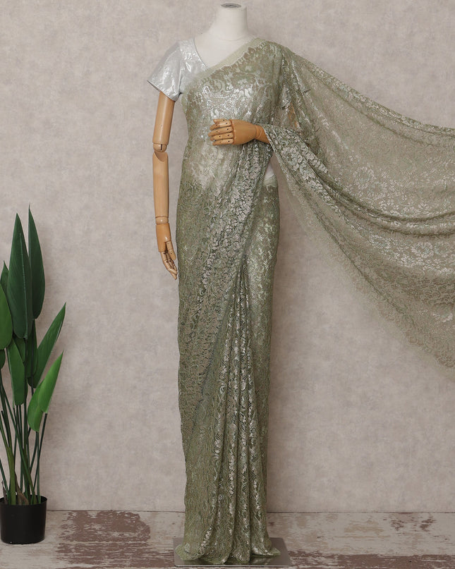 Sage Green Metallic French Chantilly Lace Saree