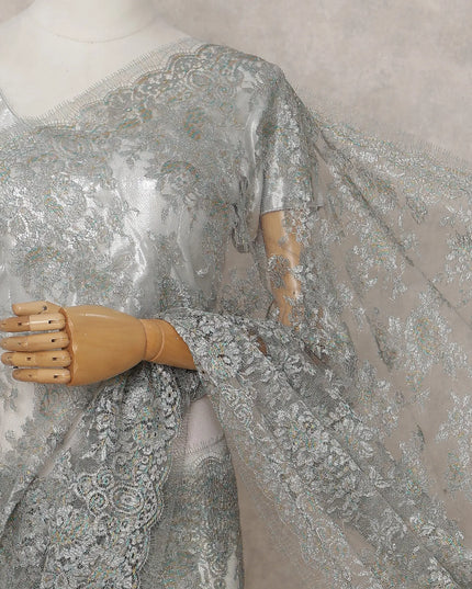 Silver Grey French Chantilly Lace Saree 5.5m