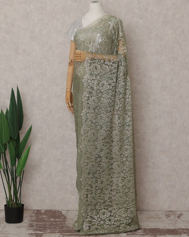 Sage Green Metallic French Chantilly Lace Saree