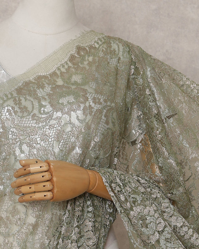 Sage Green Metallic French Chantilly Lace Saree