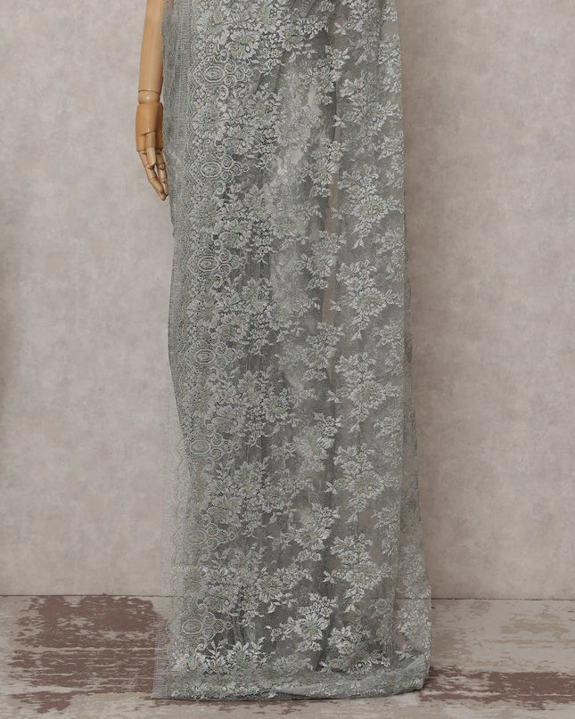 Silver Grey French Chantilly Lace Saree 5.5m