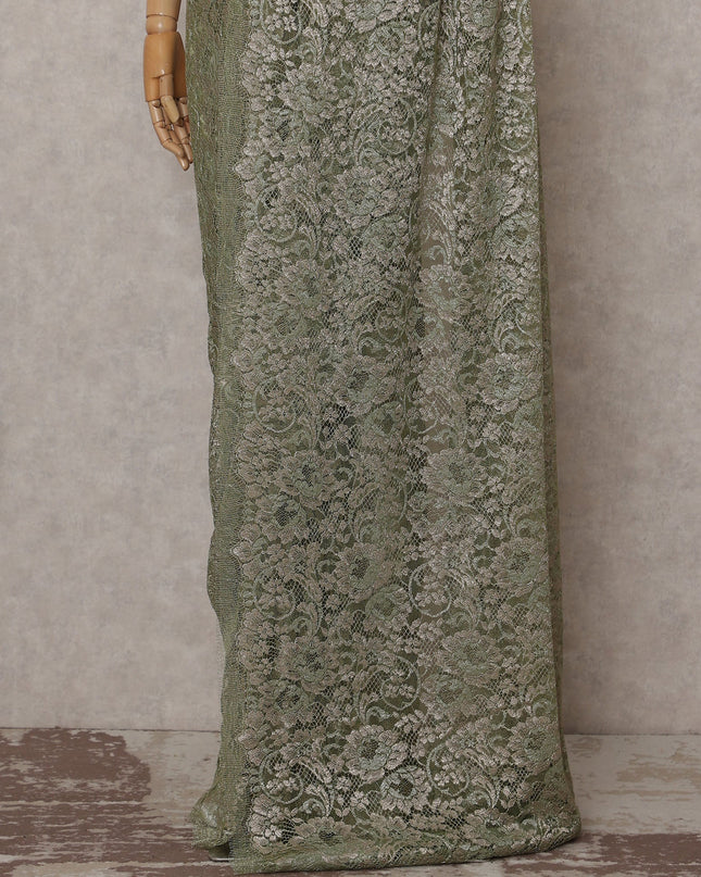 Sage Green Metallic French Chantilly Lace Saree