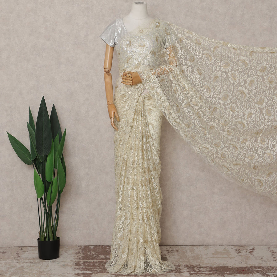 Beige French Chantilly Lace Saree | Regal
