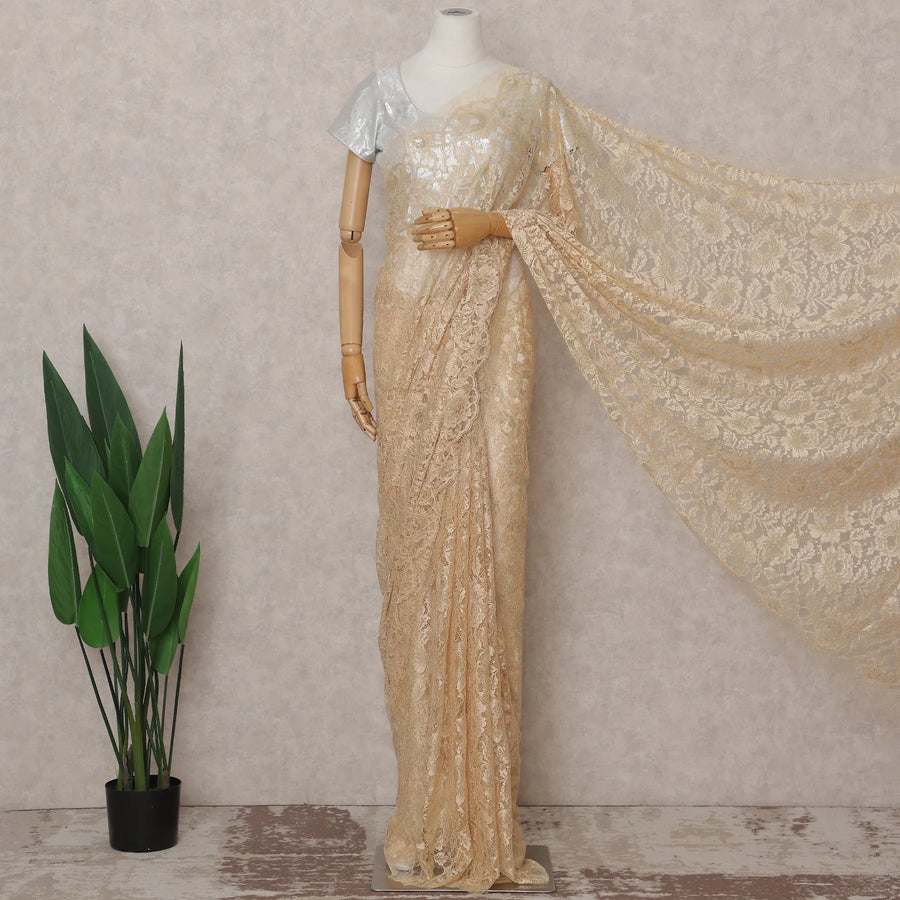 Pale Apricot French Chantilly Lace Saree 5.5m