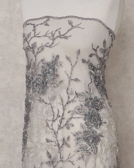 Silver Grey Floral Tulle Fabric 140cm China