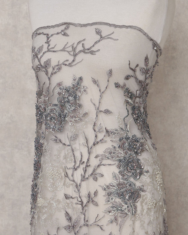 Silver Grey Floral Tulle Fabric 140cm China