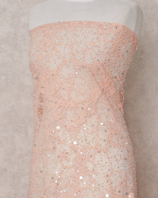 Peach Pink Floral Tulle Fabric 140cm Turkey