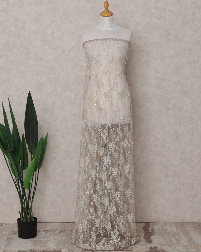 Beige Leaf Embroidered Tulle Fabric 140cm