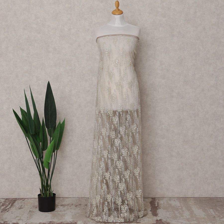 Beige Leaf Embroidered Tulle Fabric 140cm