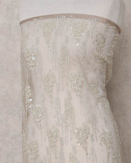 Beige Leaf Embroidered Tulle Fabric 140cm