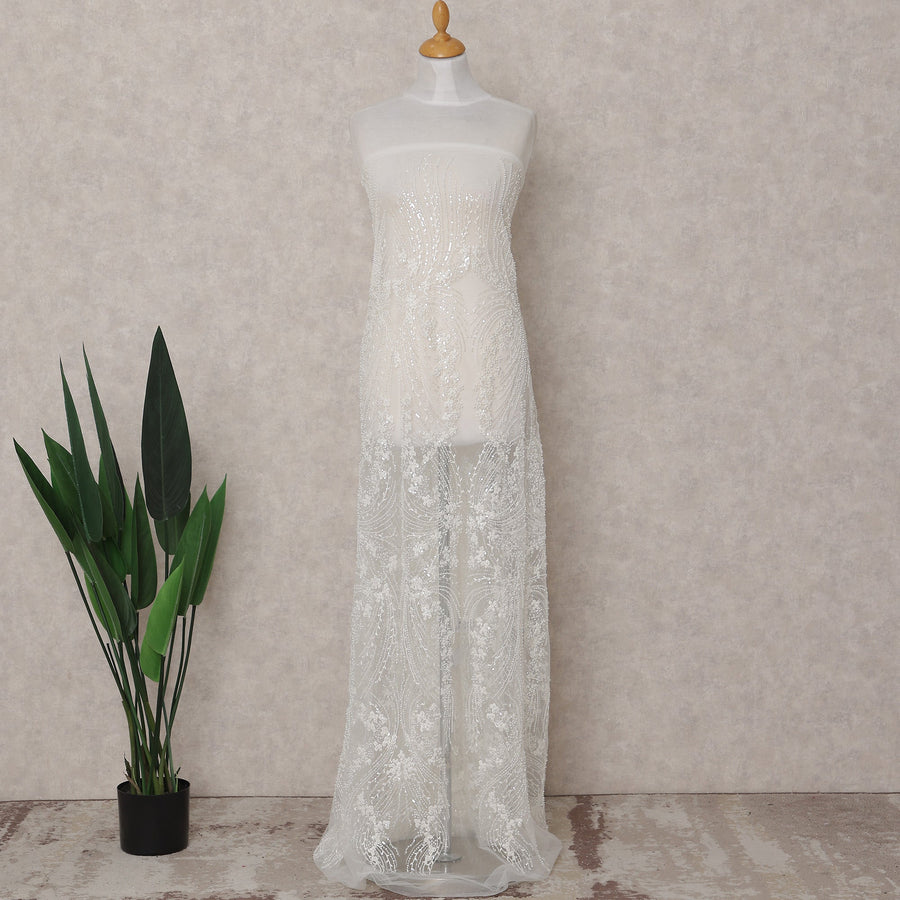 White Fancy Embroidered Tulle Fabric 140cm