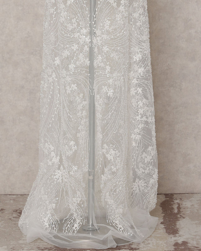 White Fancy Embroidered Tulle Fabric 140cm