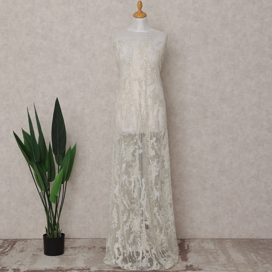 Ivory White Floral Tulle Fabric 140cm Turkey