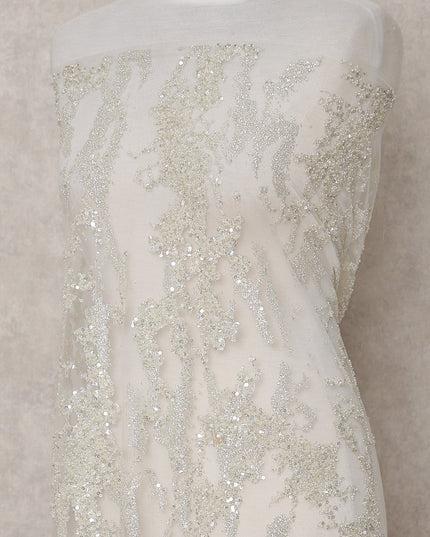Ivory White Floral Tulle Fabric 140cm Turkey