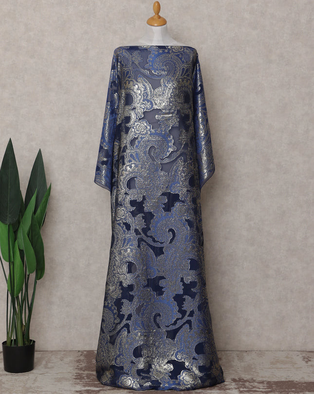 Indigo Blue Paisley Pure Silk Chiffon Fransawi Dirac Fabric Sheer Flowing 3.5 Mtrs Piece 140cm Width Premium Quality French Fabric - D30690 Regal Fabrics