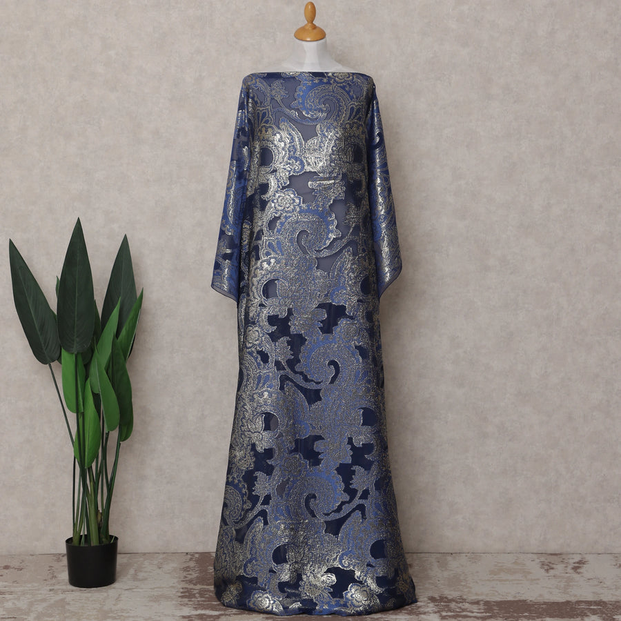 Indigo Blue Paisley Pure Silk Chiffon Fransawi Dirac Fabric Sheer Flowing 3.5 Mtrs Piece 140cm Width Premium Quality French Fabric - D30690 Regal Fabrics