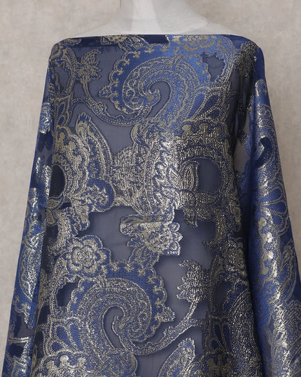 Indigo Blue Paisley Pure Silk Chiffon Fransawi Dirac Fabric Sheer Flowing 3.5 Mtrs Piece 140cm Width Premium Quality French Fabric - D30690 Regal Fabrics