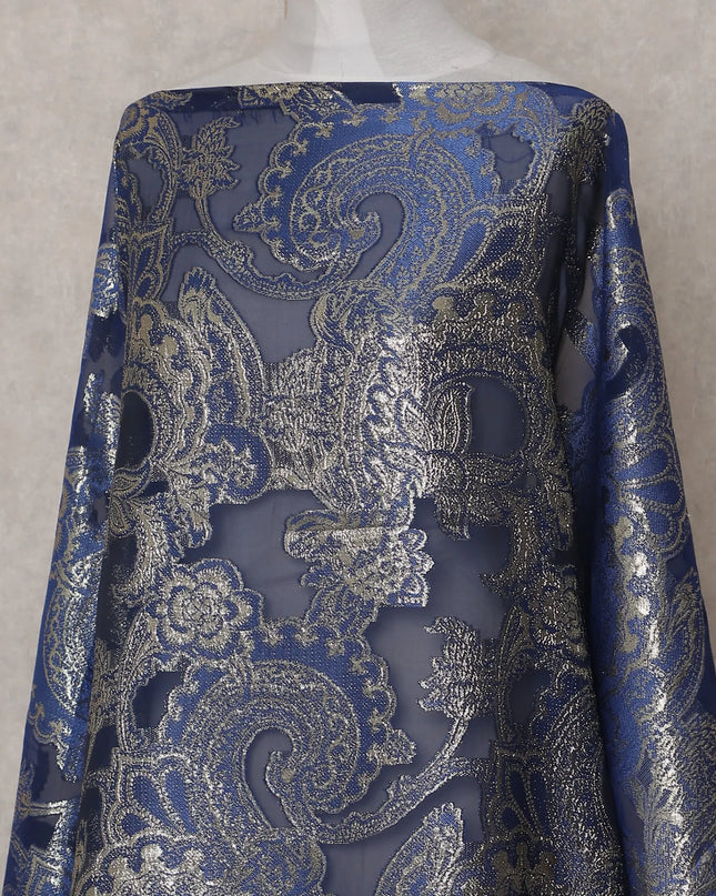 Indigo Blue Paisley Pure Silk Chiffon Fransawi Dirac Fabric Sheer Flowing 3.5 Mtrs Piece 140cm Width Premium Quality French Fabric - D30690 Regal Fabrics