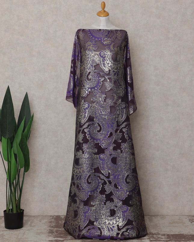 Amethyst Purple Paisley Pure Silk Chiffon Fransawi Dirac Fabric Sheer Flowing 3.5 Mtrs Piece 140cm Width Premium Quality French Fabric - D30689 Regal Fabrics