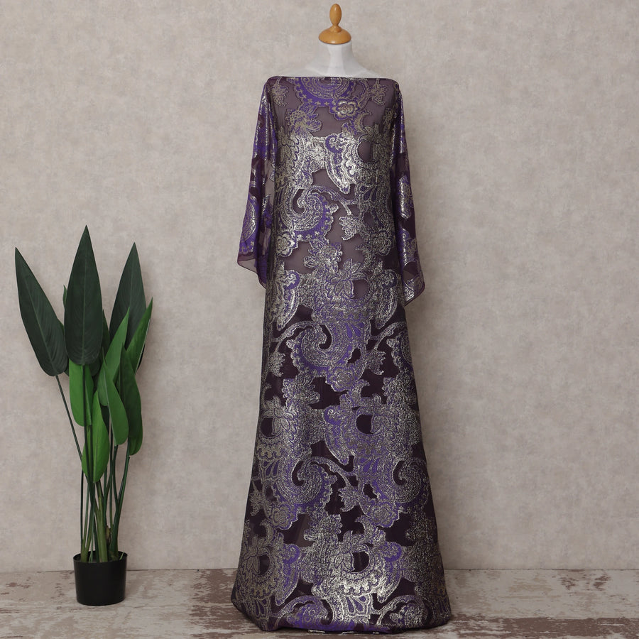 Amethyst Purple Paisley Pure Silk Chiffon Fransawi Dirac Fabric Sheer Flowing 3.5 Mtrs Piece 140cm Width Premium Quality French Fabric - D30689 Regal Fabrics