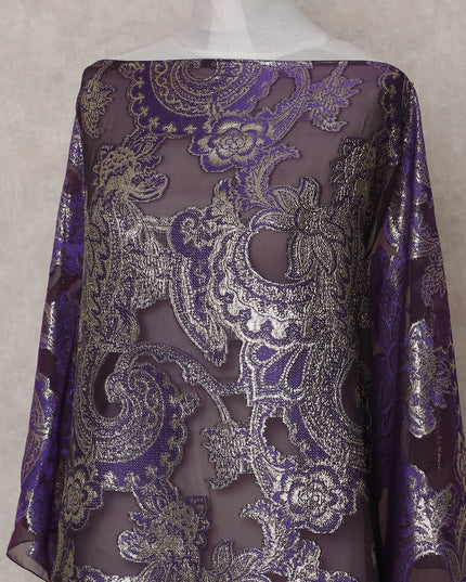 Amethyst Purple Paisley Pure Silk Chiffon Fransawi Dirac Fabric Sheer Flowing 3.5 Mtrs Piece 140cm Width Premium Quality French Fabric - D30689 Regal Fabrics