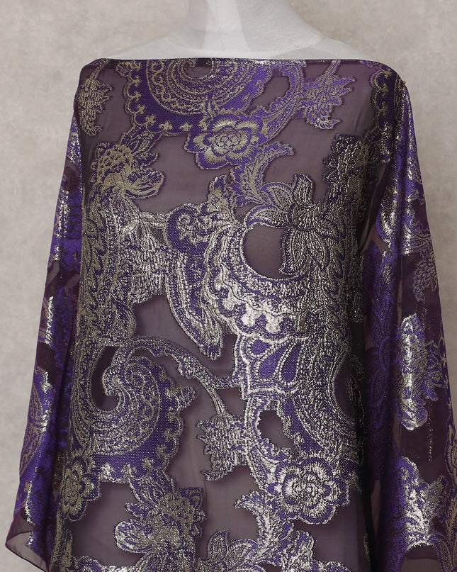 Amethyst Purple Paisley Pure Silk Chiffon Fransawi Dirac Fabric Sheer Flowing 3.5 Mtrs Piece 140cm Width Premium Quality French Fabric - D30689 Regal Fabrics