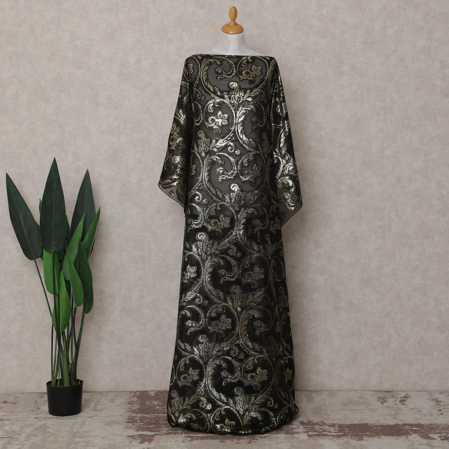 Jet Black Abstract Pure Silk Chiffon Fransawi Dirac Fabric Sheer Flowing 3.5 Mtrs Piece 140cm Width Premium Quality French Fabric - D30687 Regal Fabrics