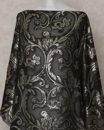 Jet Black Abstract Pure Silk Chiffon Fransawi Dirac Fabric Sheer Flowing 3.5 Mtrs Piece 140cm Width Premium Quality French Fabric - D30687 Regal Fabrics