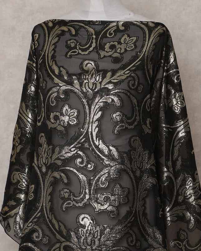 Jet Black Abstract Pure Silk Chiffon Fransawi Dirac Fabric Sheer Flowing 3.5 Mtrs Piece 140cm Width Premium Quality French Fabric - D30687 Regal Fabrics