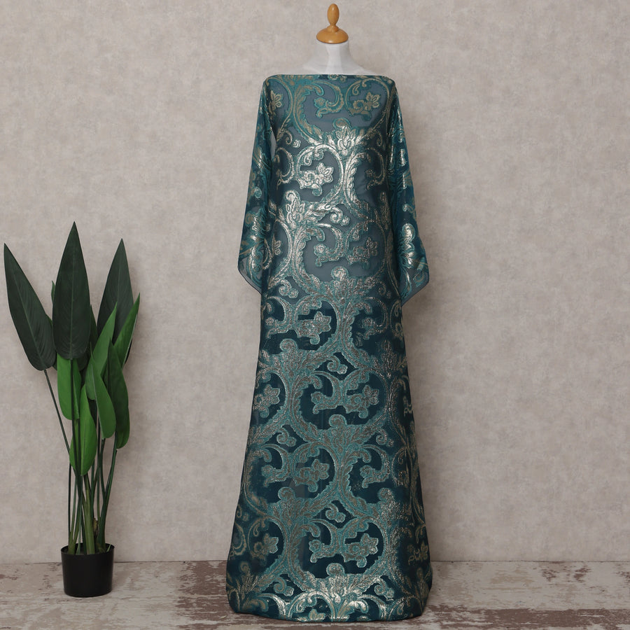Teal Green Abstract Pure Silk Chiffon Fransawi Dirac Fabric Sheer Flowing 3.5 Mtrs Piece 140cm Width Premium Quality French Fabric - D30688 Regal Fabrics