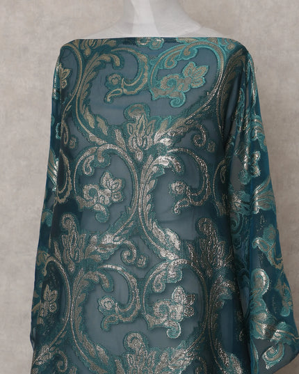 Teal Green Abstract Pure Silk Chiffon Fransawi Dirac Fabric Sheer Flowing 3.5 Mtrs Piece 140cm Width Premium Quality French Fabric - D30688 Regal Fabrics
