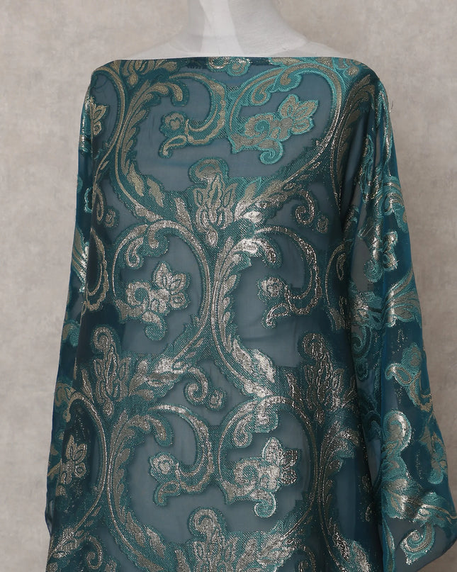 Teal Green Abstract Pure Silk Chiffon Fransawi Dirac Fabric Sheer Flowing 3.5 Mtrs Piece 140cm Width Premium Quality French Fabric - D30688 Regal Fabrics