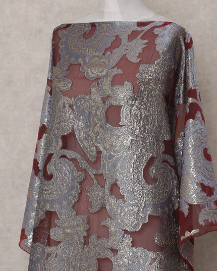 Dusty Mauve Paisley Pure Silk Chiffon Fransawi Dirac Fabric Sheer Flowing 3.5 Mtrs Piece 140cm Width Premium Quality French Fabric - D30691 Regal Fabrics