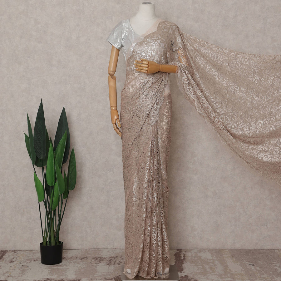 Pearl Beige Paisley French Lace Saree Fabric