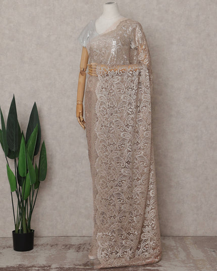 Pearl Beige Paisley French Lace Saree Fabric