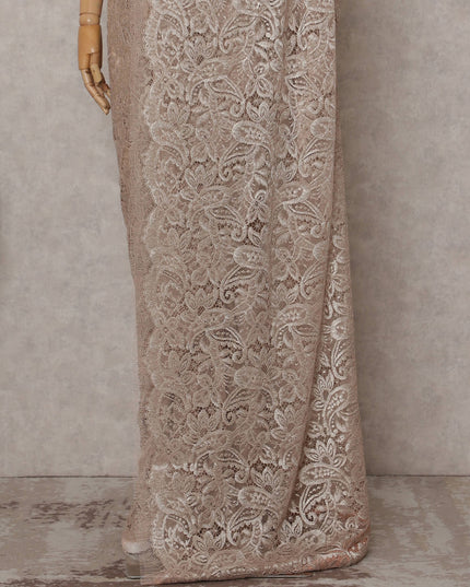 Pearl Beige Paisley French Lace Saree Fabric
