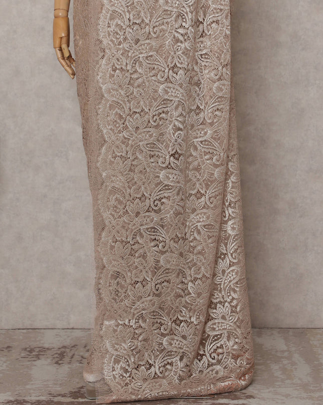 Pearl Beige Paisley French Lace Saree Fabric