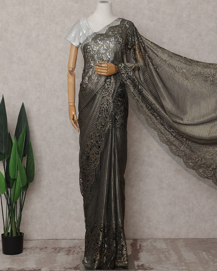 Onyx Black Gold Paisley French Lace Saree Fabric