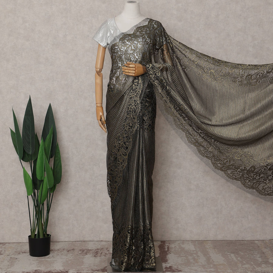 Onyx Black Gold Paisley French Lace Saree Fabric